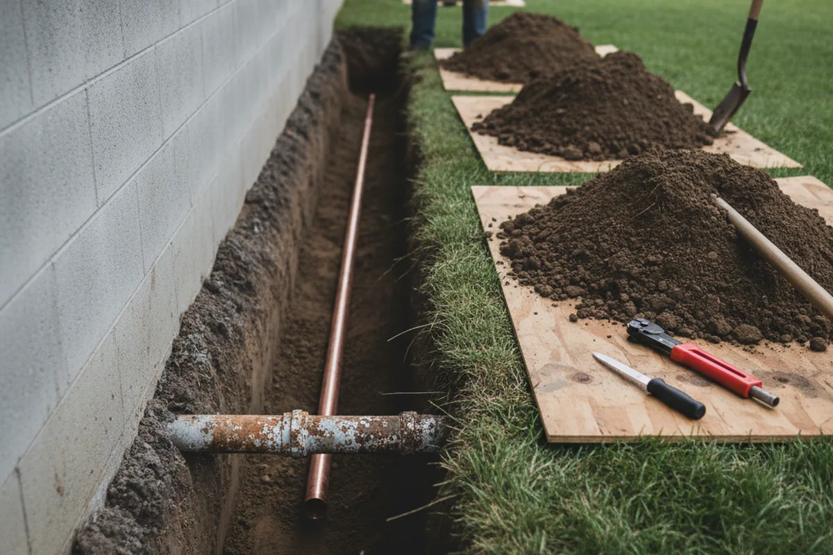 Excavated water line trench during Sewer Line Repair in Newton Falls
